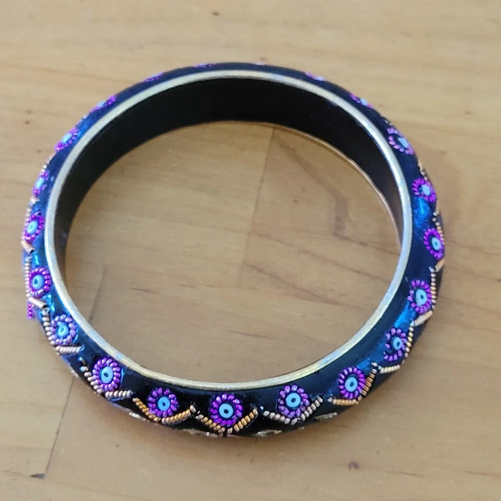 India Black Lacquer Bangle Bracelet Pink Floral Gold Mirror Inlay Vtg